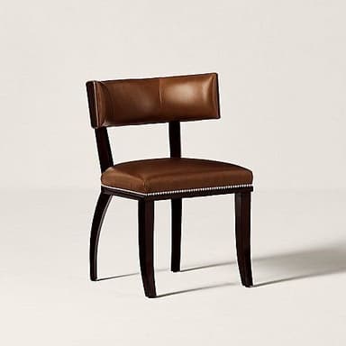 A classic brown leather upholstered dining chair featuring a dark wood frame and decorative silver nailhead trim around the seat. The chair has a rectangular backrest and slightly curved rear legs. — 3D model
