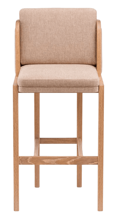 A modern bar stool with a wooden frame and upholstered seat and backrest. The stool has four straight legs connected by horizontal supports for stability. The seat and backrest are covered in a textured, light brown fabric. — 3D model
