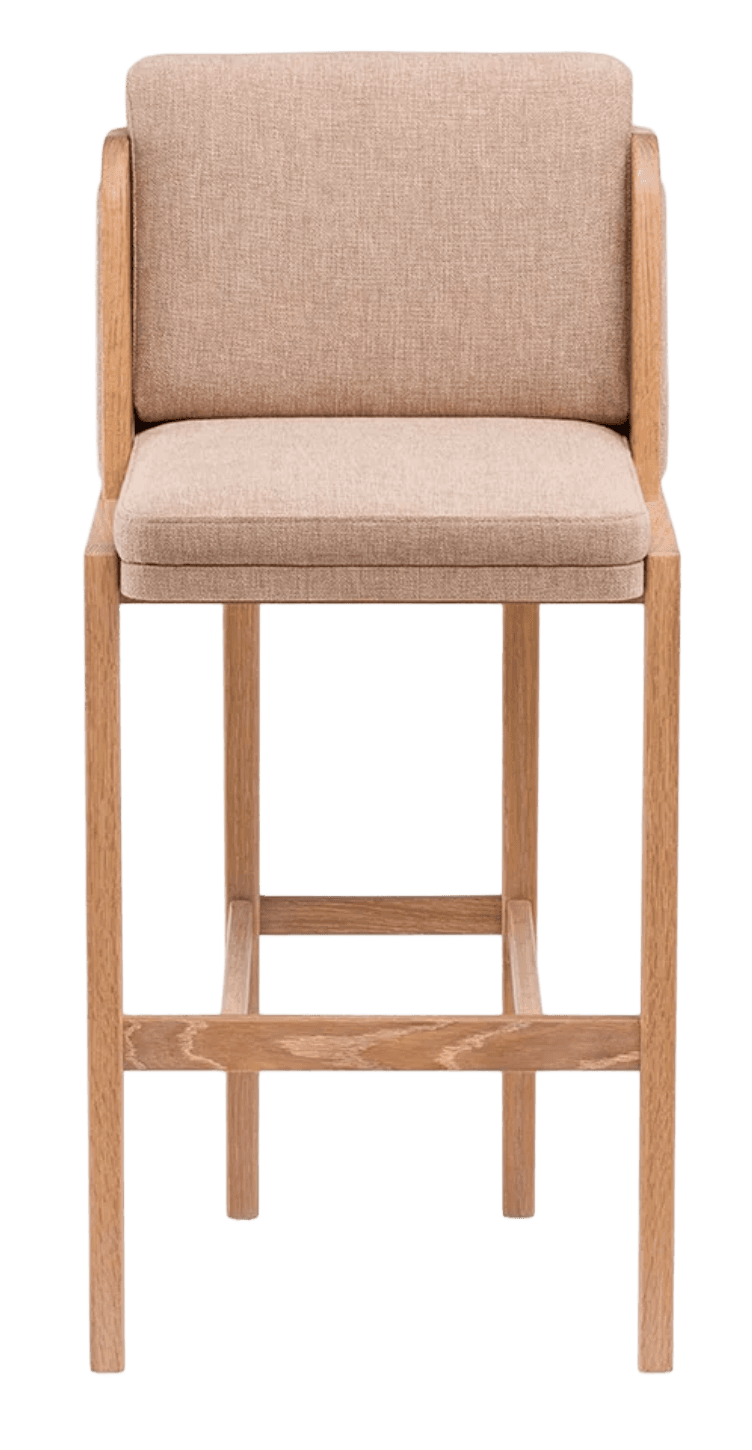 A modern bar stool with a wooden frame and upholstered seat and backrest. The stool has four straight legs connected by horizontal supports for stability. The seat and backrest are covered in a textured, light brown fabric. — 3D model