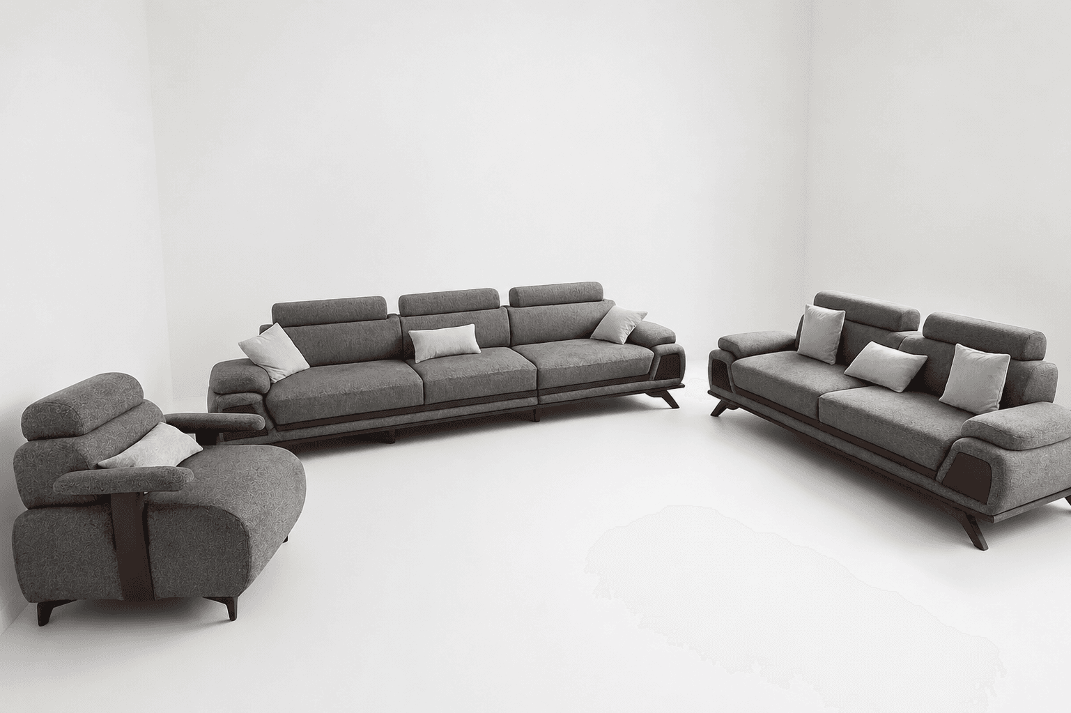 A long, multi-section sofa featuring gray fabric upholstery, adjustable headrests, and integrated dark wood accents on the armrests and base, supported by low-profile wooden legs. It includes several small white accent pillows. — 3D model