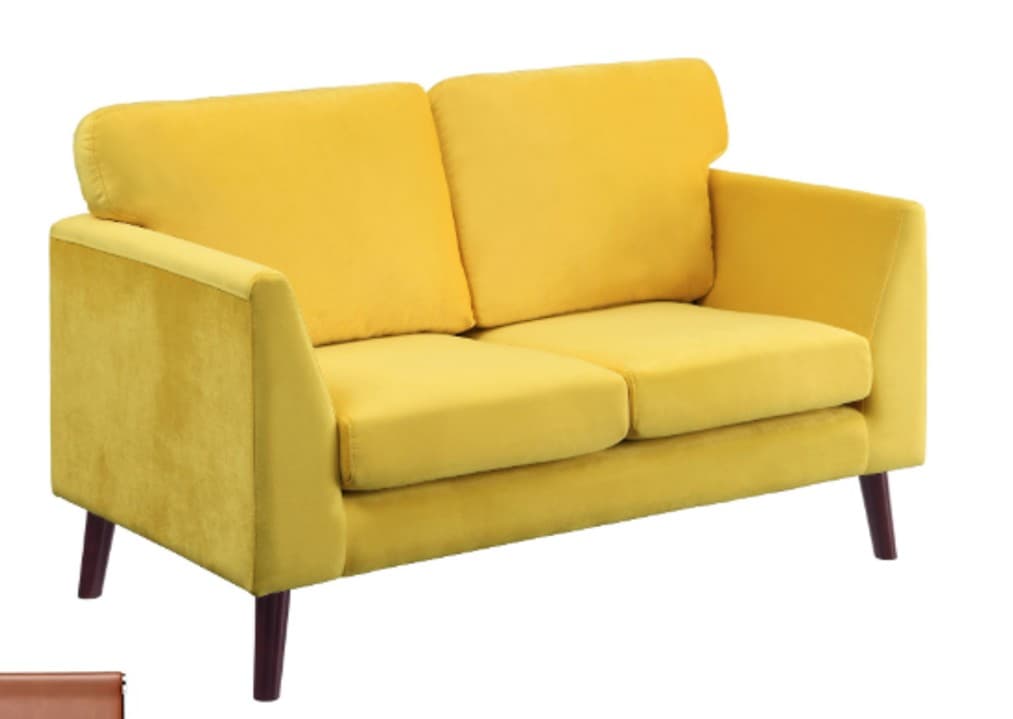 A two-seater sofa with a modern design. It features a bright yellow velvet upholstery, straight arms that angle slightly outwards, and a supportive backrest with two distinct cushions. The sofa is elevated by four tapered wooden legs with a dark finish. — 3D model