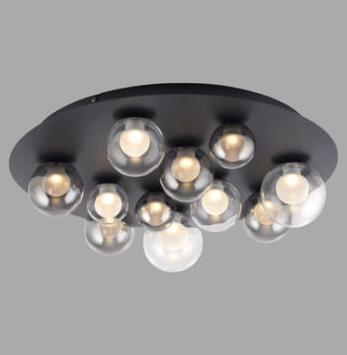 A modern semi-flush ceiling fixture featuring a circular black metal base from which ten spherical glass shades extend. The shades are a mix of clear and smoked glass, each containing an illuminated bulb, creating a clustered, decorative lighting arrangement. — 3D model