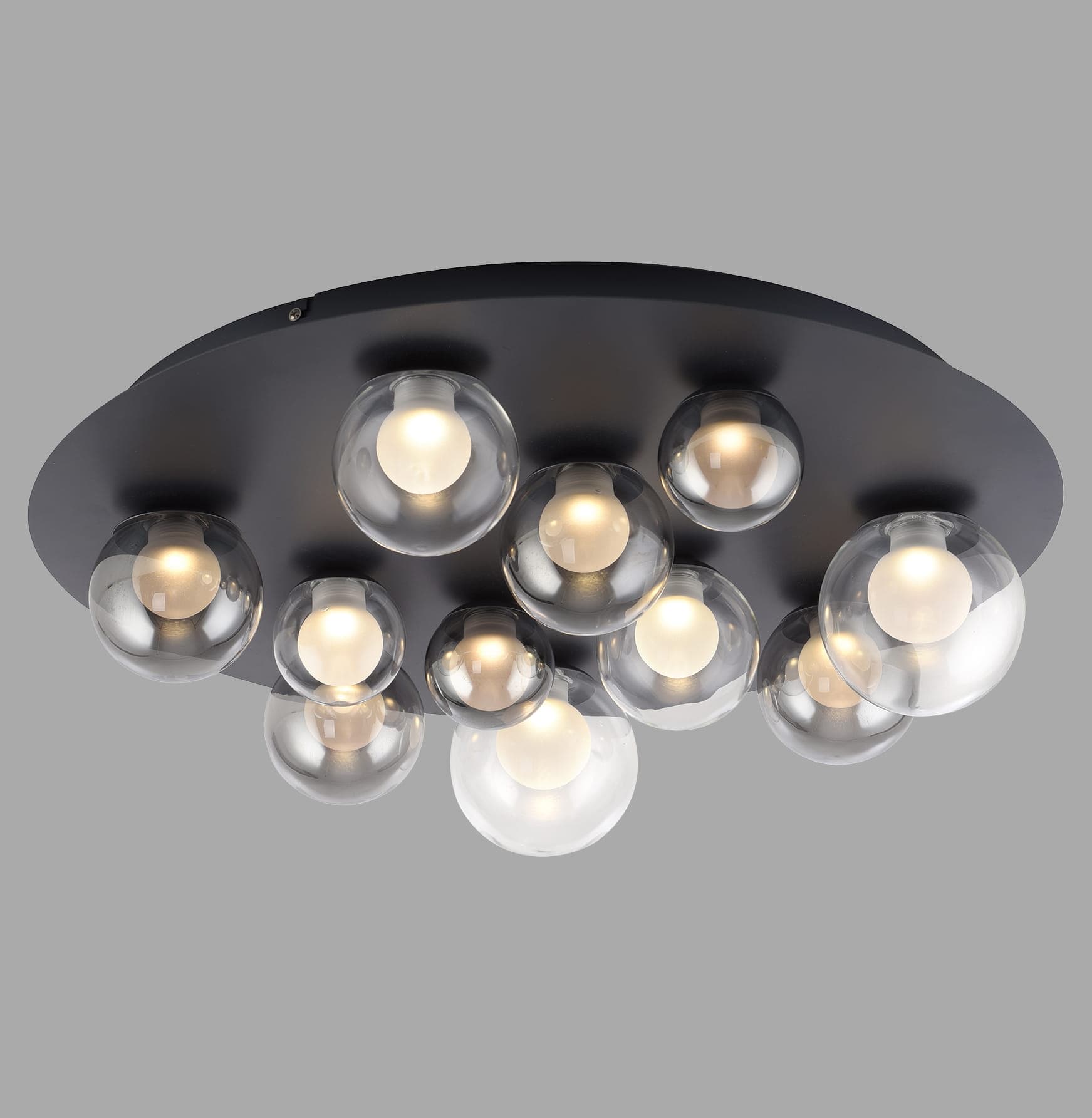 A modern semi-flush ceiling fixture featuring a circular black metal base from which ten spherical glass shades extend. The shades are a mix of clear and smoked glass, each containing an illuminated bulb, creating a clustered, decorative lighting arrangement. — 3D model