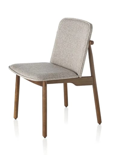 A modern upholstered dining chair featuring a solid wood frame and light grey textured fabric upholstery. The chair has a gently curved backrest supported by a distinctive rounded wooden element extending from the frame. The legs are tapered and match the wood finish of the frame. — 3D model