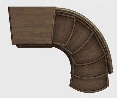 A dark brown wooden staircase unit, likely designed for a library or loft, featuring an integrated storage cabinet on one side. The staircase has several steps, and a gracefully curved handrail with vertical balusters on the open side. The cabinet side is detailed with classic recessed panels, and the entire unit appears to be a custom-built, fixed installation. — 3D model