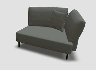 A contemporary modular sofa with a ribbed texture fabric in a charcoal grey color. The sofa features a low profile, straight seat, and a backrest that extends to one side. It is supported by thin, black cylindrical legs. A single square throw pillow in a matching fabric is placed on the seat. — 3D model