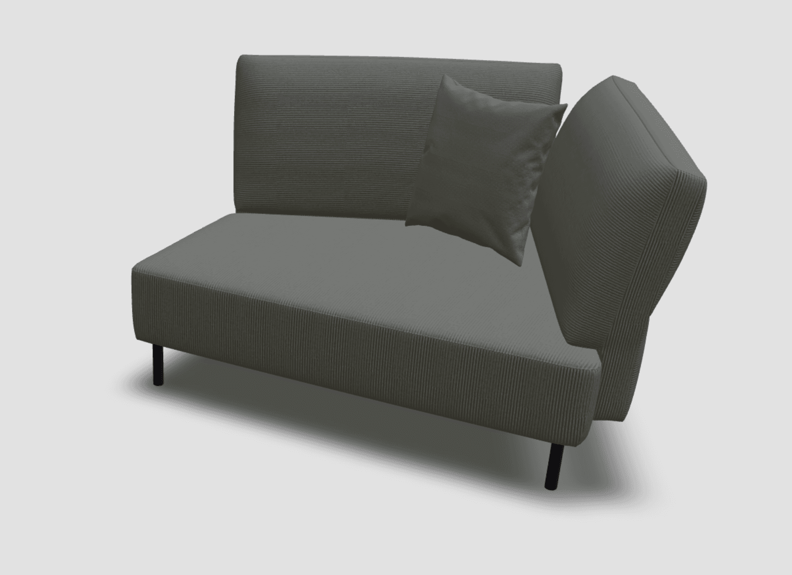 A contemporary modular sofa with a ribbed texture fabric in a charcoal grey color. The sofa features a low profile, straight seat, and a backrest that extends to one side. It is supported by thin, black cylindrical legs. A single square throw pillow in a matching fabric is placed on the seat. — 3D model