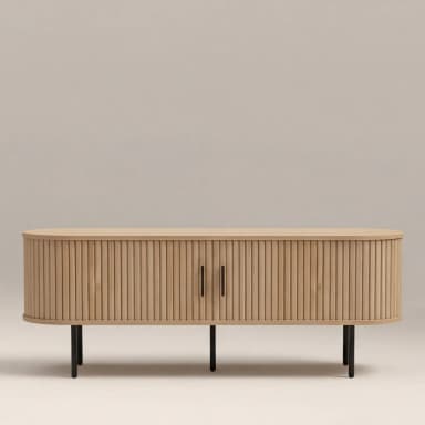 A modern low-profile media console or sideboard cabinet, featuring a natural light wood finish with a distinctive reeded facade, dark metal handles, and slender black metal legs. It has a rounded rectangular form and measures 160cm wide, 55cm high, and 40cm deep. — 3D model