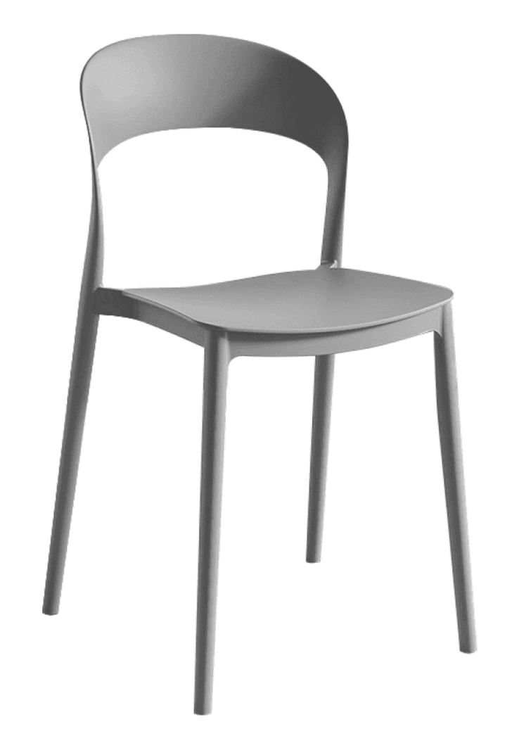 A minimalist, contemporary dining chair crafted from a single piece of light gray molded plastic. It features a gently curved backrest with an open lower section and a contoured seat, supported by four slender, tapered legs. The design is clean, sleek, and without armrests. — 3D model
