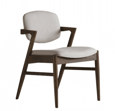A modern armchair with a wooden frame and upholstered seat and backrest. The chair features a curved, segmented backrest and a slightly contoured seat, both covered in a textured, light-colored fabric. The armrests are integrated into the wooden frame, which has a natural, dark wood finish with visible grain patterns. The legs are slender and angled outwards. — 3D model