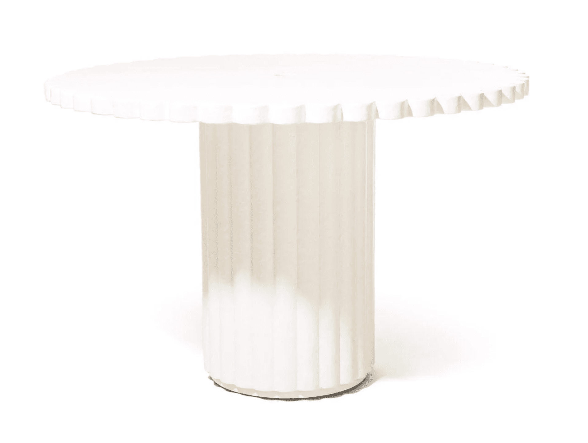 A white cylindrical pedestal table featuring a round top with a fluted edge and a matching fluted base, presented against a white background. — 3D model