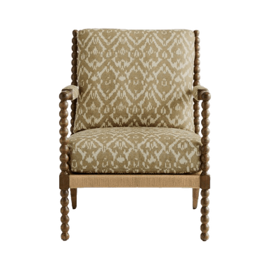An upholstered armchair featuring a distinctive spool-turned wooden frame, ikat-patterned fabric, and a rope-wrapped seat base. — 3D model