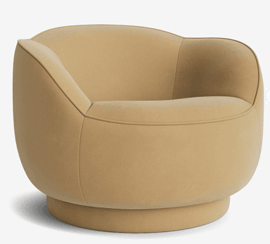 A modern, upholstered armchair with a rounded silhouette and a swivel base. The chair features a low, enveloping backrest that curves into the armrests, creating a continuous, soft form. The seat is also rounded and plush. The entire piece is covered in a textured fabric and rests on a cylindrical, self-finished base that allows for rotation. — 3D model