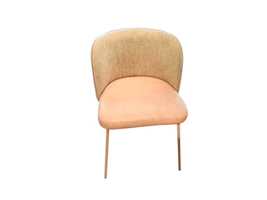 A view from the back of an upholstered armchair with a curved backrest. The chair has thin, tapered metal legs and is trimmed with a thin piping detail along the top edge of the backrest. — 3D model