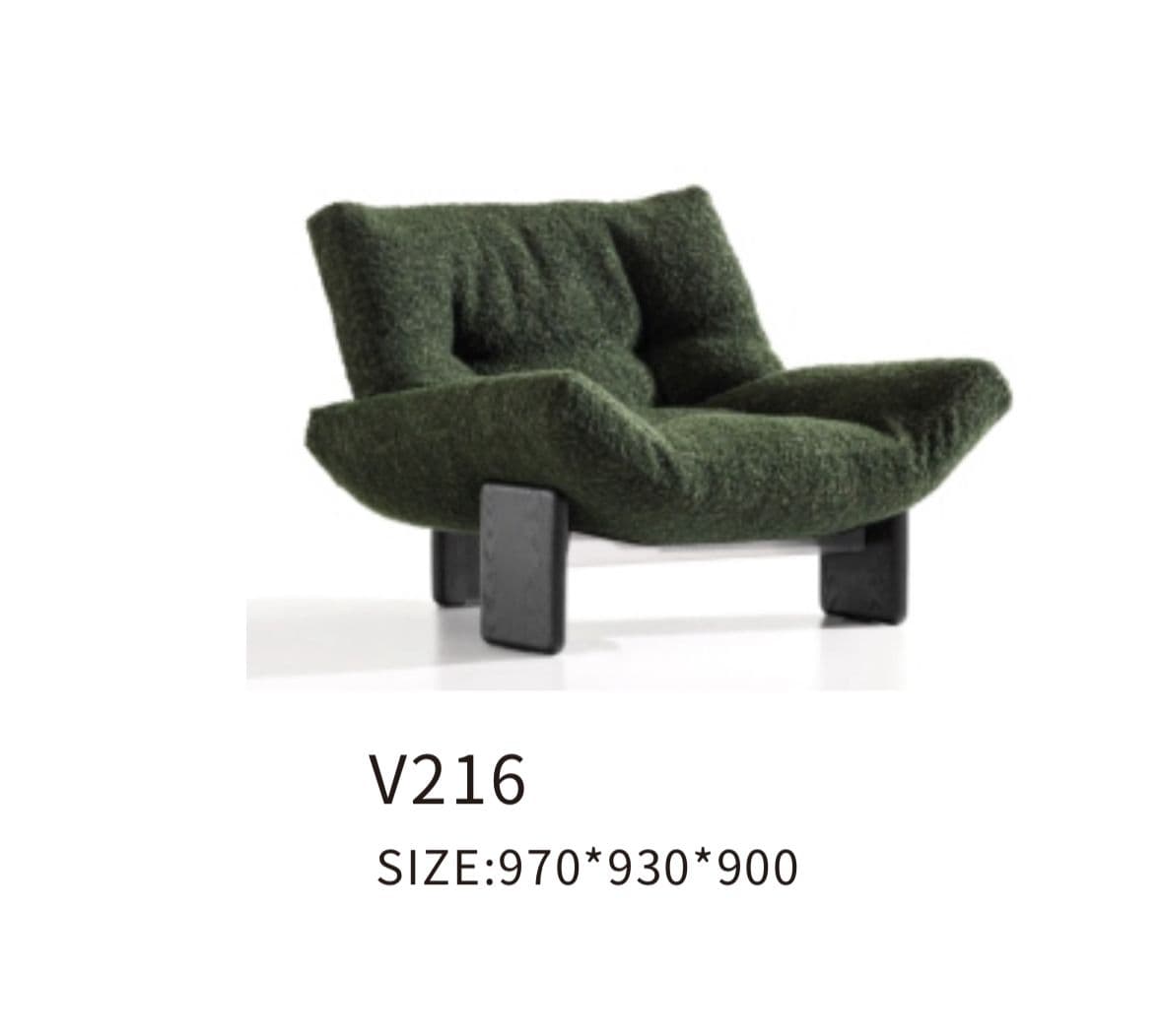 A low-profile, green armchair with a plush, textured upholstery and a minimalist, dark-colored base. The chair features a deep seat and a slightly reclined backrest with tufted detailing. The base consists of two rectangular, block-like supports that elevate the seat. — 3D model
