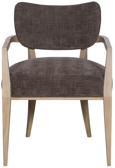 A contemporary armchair featuring a light-toned wooden frame with open, rectangular armrests and tapered legs. The seat and separate backrest cushion are upholstered in a dark, textured fabric with a subtle woven pattern. — 3D model