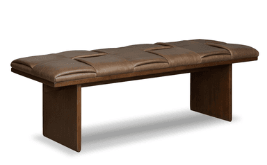 A long, rectangular bench featuring a dark brown segmented leather cushion top and a sturdy dark-stained wooden frame with two prominent slab-style legs. — 3D model