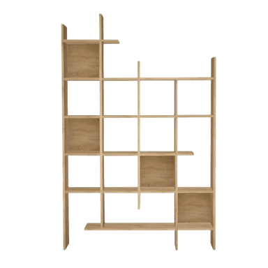A tall, freestanding shelving unit constructed from light-toned wood, featuring an asymmetrical, open grid design. The unit comprises various-sized rectangular and square compartments, some of which are open-backed while others have solid wooden back panels. The arrangement of shelves and vertical dividers creates a dynamic, modern aesthetic, with some sections extending beyond the main frame, forming an intricate visual pattern. The wood exhibits a fine grain, suggesting a natural wood or high-quality laminate finish. — 3D model