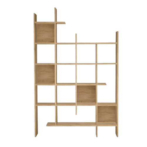 A tall, freestanding shelving unit constructed from light-toned wood, featuring an asymmetrical, open grid design. The unit comprises various-sized rectangular and square compartments, some of which are open-backed while others have solid wooden back panels. The arrangement of shelves and vertical dividers creates a dynamic, modern aesthetic, with some sections extending beyond the main frame, forming an intricate visual pattern. The wood exhibits a fine grain, suggesting a natural wood or high-quality laminate finish. — 3D model
