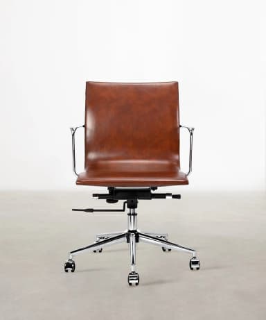 A stylish mid-century modern-inspired office chair featuring brown leather upholstery, a polished chrome frame, and a five-star swivel base with caster wheels. The chair has open, cantilevered armrests integrated into the frame. The seat and backrest are padded and contoured, suggesting comfort for desk work. — 3D model