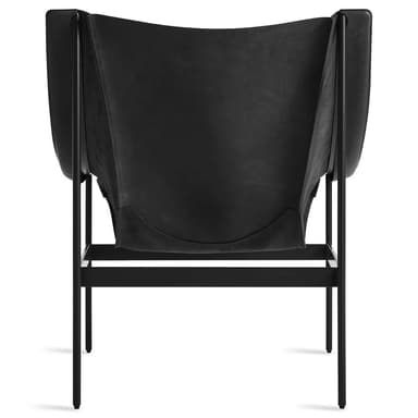 A modern black leather lounge chair with a minimalist metal frame. The chair features a wide, curved backrest and a seat that appears to be made of a single piece of leather suspended by the frame. The frame is constructed from thin, matte black metal rods, forming a rectangular base and extending upwards to support the leather upholstery. The overall design emphasizes clean lines and a sophisticated aesthetic. — 3D model
