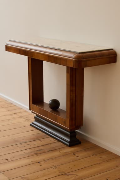 An elegant Art Deco console table featuring a rectangular white marble top and a solid walnut veneer base with a geometric, architectural form and a stepped plinth. — 3D model
