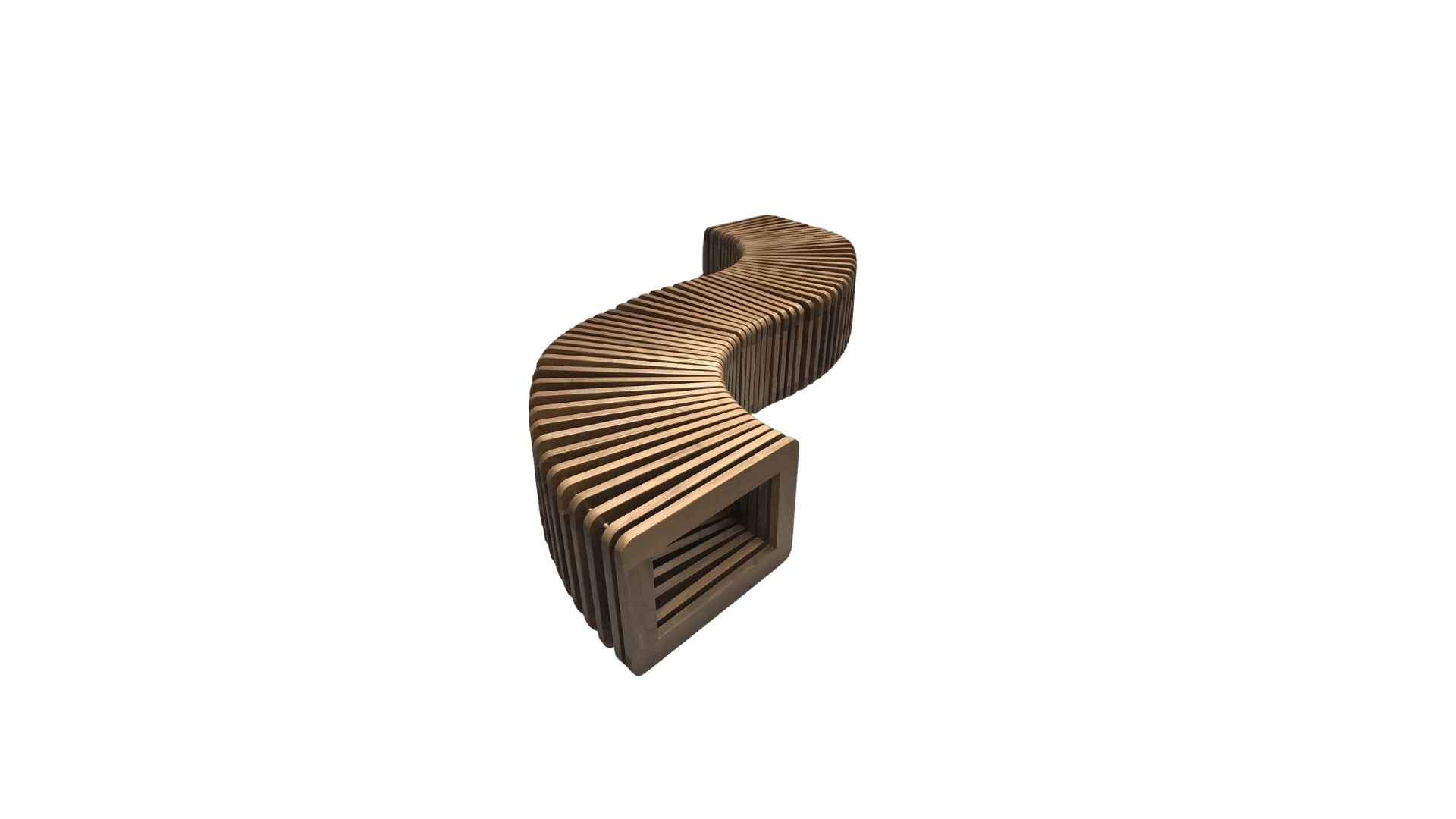A modern, sculptural bench with a distinctive wave-like form. It is constructed from multiple parallel wooden slats that follow a curved path, creating a dynamic visual effect. The bench has a hollow interior formed by geometric framing at its base. The design appears suitable for both indoor and outdoor public spaces. — 3D model