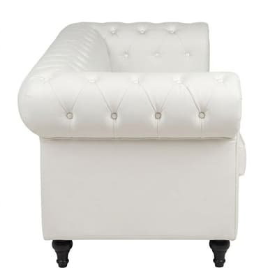 A three-seater chesterfield sofa with tufted upholstery and rolled arms. The sofa is upholstered in a white material and features dark wooden legs. The seat cushions are separate from the main body of the sofa, and the back and armrests are characterized by deep button tufting. — 3D model