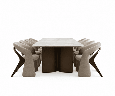 A contemporary rectangular dining table featuring a white marble top with subtle grey veining and two sculptural, dark brown pedestal bases. The table top has softly rounded corners, and the bases are curved and appear substantial. — 3D model