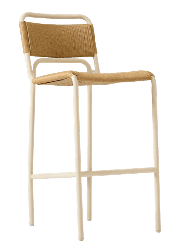 A contemporary bar stool featuring a light cream-colored tubular metal frame and a woven seat and backrest in a natural tan hue. The design is minimalist, combining industrial materials with organic textures. — 3D model