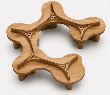 A sculptural, low-profile wooden bench with an organic, curvilinear design, featuring multiple interconnected seating areas and intricate joinery. — 3D model
