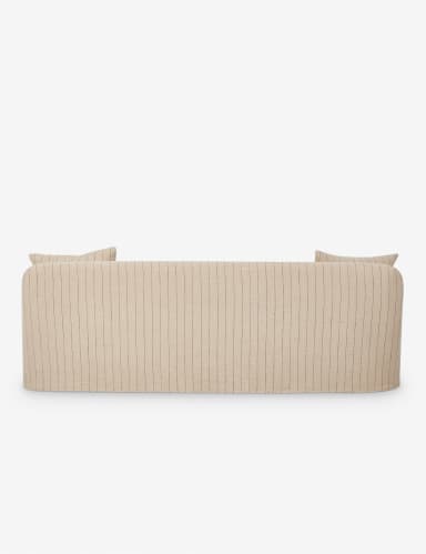 A modern upholstered loveseat featuring a skirted base and two back cushions, covered in a light beige fabric with subtle black vertical stripes. — 3D model