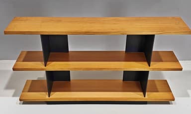 A modern, multi-tiered console table featuring three horizontal wooden shelves supported by contrasting vertical black elements. The top shelf extends over the middle, which in turn extends over the base, creating a cantilevered and layered appearance. The black supports are angled, providing a geometric and stable structure. — 3D model