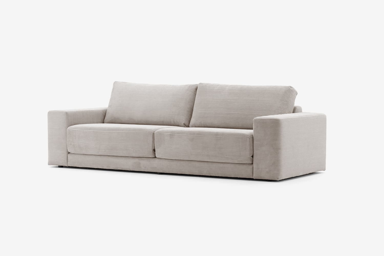 A contemporary sofa with a light neutral upholstery featuring a corduroy-like texture. It has a low profile, straight lines, and integrated armrests. The sofa appears to be designed with two seat cushions and two back cushions. — 3D model