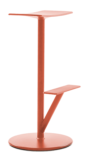 A contemporary, backless bar stool featuring a minimalist design, constructed entirely from metal with a desaturated coral or reddish-orange finish. It has a round disc base for stability, a single central column supporting the seat, and an integrated, fixed footrest. — 3D model