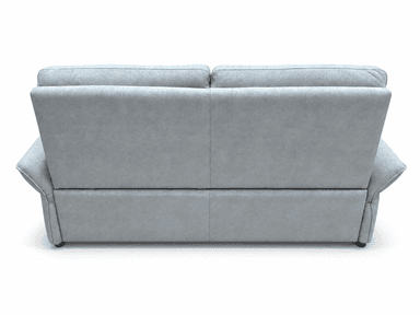 A light blue, contemporary three-seater sofa featuring plush upholstered cushions, integrated adjustable headrests, and rounded armrests, presented with a clean, solid base. — 3D model