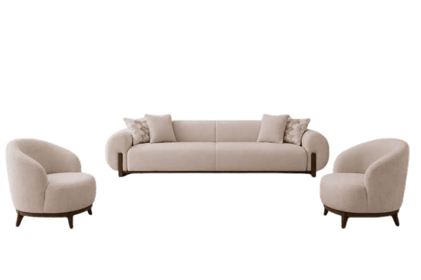 A contemporary, low-profile sofa featuring light beige textured fabric upholstery and distinctive rounded armrests. The sofa is supported by a recessed dark wooden base, visible as accent elements at the ends. It includes several throw pillows, some matching the sofa's fabric and others with a subtle patterned design. — 3D model