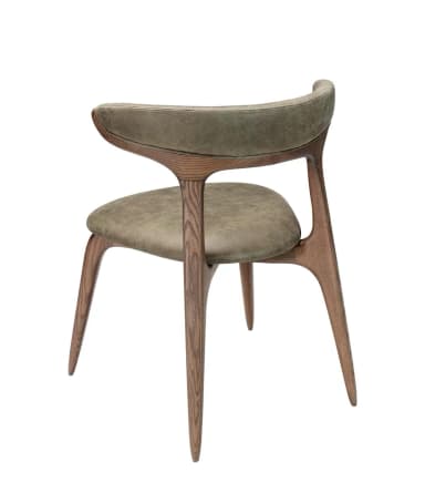 A contemporary dining chair featuring a curved wooden frame with dark stain and light grey/taupe upholstered seat and backrest, designed with integrated arm support. — 3D model