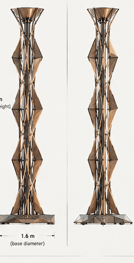 A tall, sculptural floor lamp featuring an intricate geometric design composed of numerous bronze-toned metallic panels. The lamp has a tapered columnar form resting on a multi-faceted star-shaped base, with dark metal elements connecting the individual panels. The top culminates in a flared, funnel-like diffuser. — 3D model