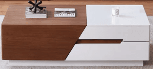 A modern, rectangular coffee table with a two-tone design, featuring a dark wood-look section and a white high-gloss section with integrated storage drawers, all resting on a recessed plinth base. — 3D model