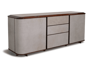 A long, low credenza or sideboard featuring a light-colored parchment-clad body with elegantly rounded corners. It has a contrasting dark-stained wood top, base, and trim. The front facade includes three central drawers flanked by two hinged cabinet doors, all without visible handles for a sleek look. — 3D model