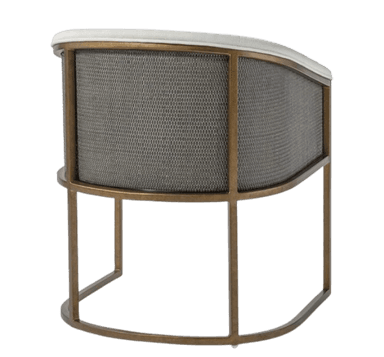 An elegant barrel-back accent chair featuring a curved, fully upholstered interior in a light off-white fabric. The chair has integrated armrests and a plush seat cushion. The exterior back is detailed with a textured, tightly woven grey material, likely rattan or cane. The entire structure is supported by a slender, curved metal frame with a champagne gold or antique brass finish, forming an open base. — 3D model