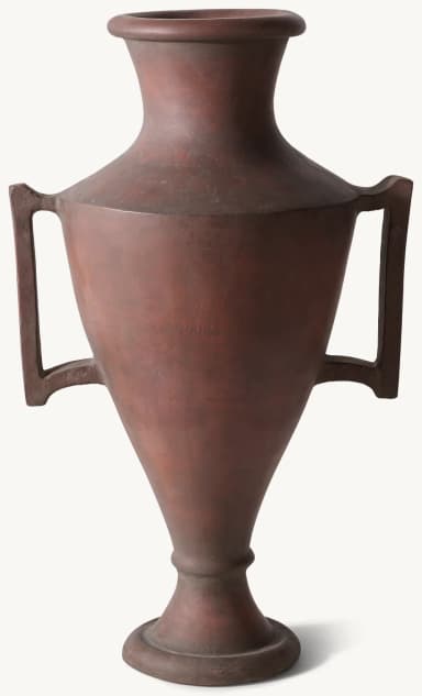 A large, reddish-brown decorative urn with a classical amphora silhouette. It features a flared rim, a distinct neck, a tapering body, two integrated rectangular loop handles, and a sturdy pedestal base. The surface presents a matte, slightly textured finish, suggesting terracotta or a similar ceramic material. — 3D model