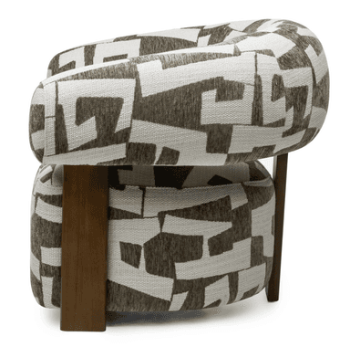 A contemporary barrel-shaped ottoman featuring a distinctive two-tiered upholstered design. The top cushion is a rounded cylinder, and the lower section is a matching upholstered drum, both covered in a durable woven fabric with an abstract geometric pattern in shades of brown and off-white. The two upholstered sections are separated and supported by four sturdy wooden legs with a medium brown finish. This piece functions as both extra seating and a decorative accent. — 3D model