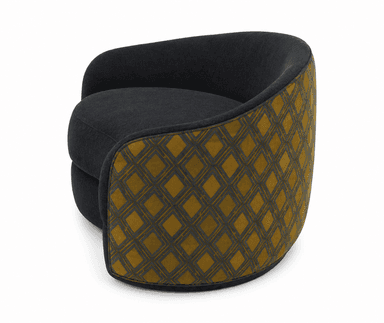 A contemporary curved loveseat upholstered in dark grey fabric, featuring striking mustard yellow side panels with a geometric dark grey pattern. — 3D model