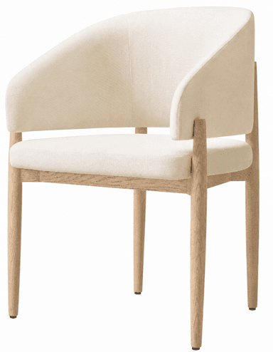 A modern dining armchair featuring a continuous rounded upholstered backrest and integrated arms, set upon a solid wood frame with tapered legs. The upholstery is a light, neutral-toned fabric. — 3D model