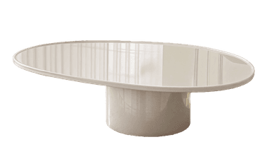 An oval-shaped coffee table with a single, central cylindrical pedestal base, rendered in a uniform light beige or off-white color with a smooth, matte finish. The design is contemporary and minimalist. — 3D model