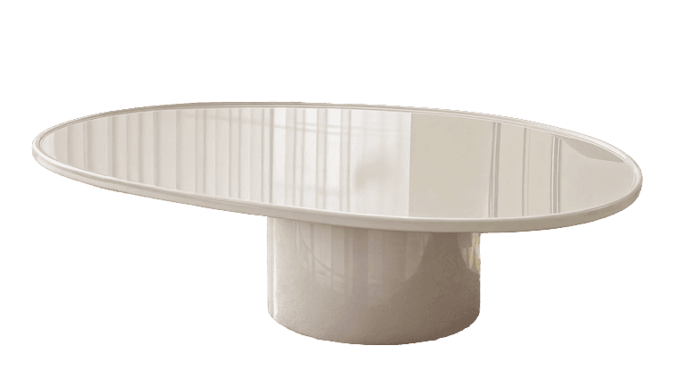 An oval-shaped coffee table with a single, central cylindrical pedestal base, rendered in a uniform light beige or off-white color with a smooth, matte finish. The design is contemporary and minimalist. — 3D model