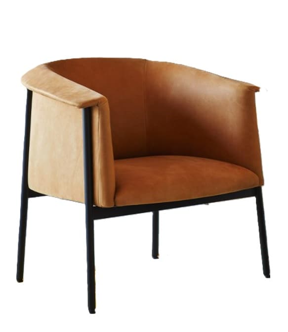 A modern armchair with a rounded back and armrests, upholstered in a tan or light brown material. The frame consists of thin, black metal legs and a structural support around the back and arms. The seat is cushioned. — 3D model