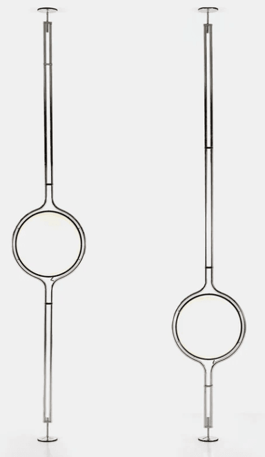 A tall, slender floor lamp featuring a polished metal pole and a distinctive circular LED light source positioned centrally. The design is minimalist and contemporary. — 3D model